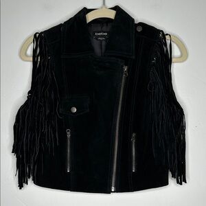 Bebe Black Suede Fringe Moto Western Vest Size Small Asymmetric Zip Festival